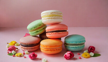 Fototapeta na wymiar colorful macaroons on a wooden table, Delicate Indulgence: Colorful Macarons Dance on a Pink Stage