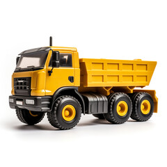 Fototapeta na wymiar Toy yellow dump truck isolated on white background, in style of 3d render