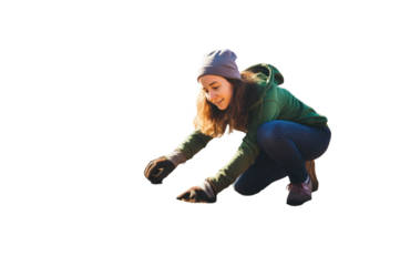 Happy female volunteer planting trees for growth. Ecology