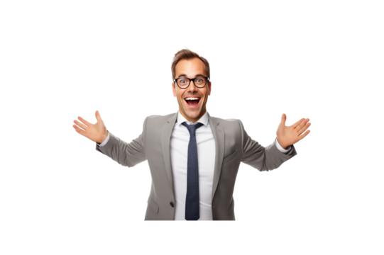 Male businessman expressing joy isolated on transparent background