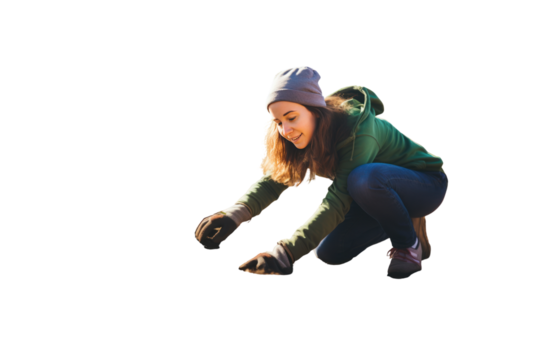 Happy female volunteer planting trees for growth. Ecology