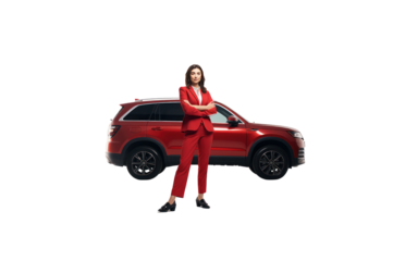 Full body view of young man leaning on SUV isolated on transparent background.