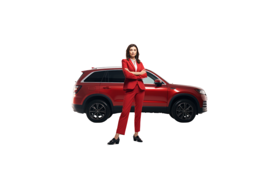 Full body view of young man leaning on SUV isolated on transparent background.