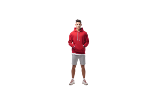 Handsome young man in red casual clothes on isolated transparent background.