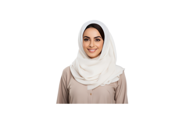 Young Emirati woman wearing traditional dress smiles and looks at the camera.