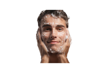 A young man washes his face with facial cleanser.