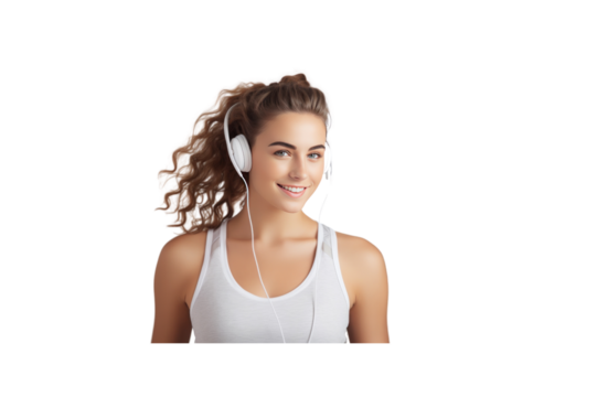 Beautiful young woman smiles jogging wearing headphones. transparent background