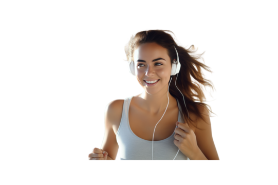 Beautiful young woman smiles jogging wearing headphones. transparent background