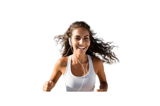 Beautiful young woman smiles jogging wearing headphones. transparent background