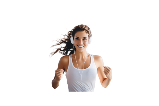 Beautiful young woman smiles jogging wearing headphones. transparent background