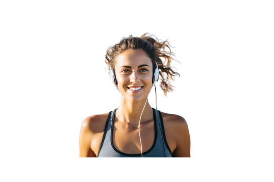 Beautiful young woman smiles jogging wearing headphones. transparent background - Powered by Adobe