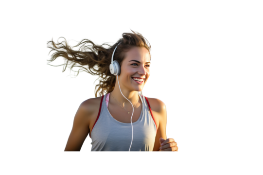 Beautiful young woman smiles jogging wearing headphones. transparent background