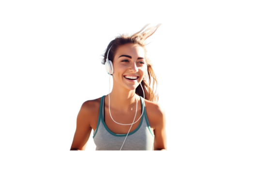 Beautiful young woman smiles jogging wearing headphones. transparent background