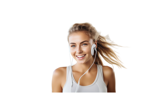 Beautiful young woman smiles jogging wearing headphones. transparent background