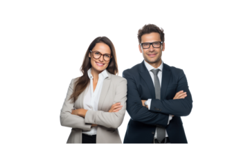 Business woman and man wearing glasses and formula standing with arms crossed and smiling looking at camera Isolated on transparent background