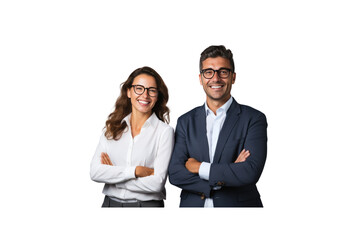 Business woman and man wearing glasses and formula standing with arms crossed and smiling looking at camera Isolated on transparent background