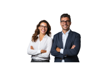 Business woman and man wearing glasses and formula standing with arms crossed and smiling looking at camera Isolated on transparent background