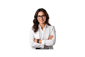 Business woman wearing glasses and mask standing with arms crossed and smiling looking at camera