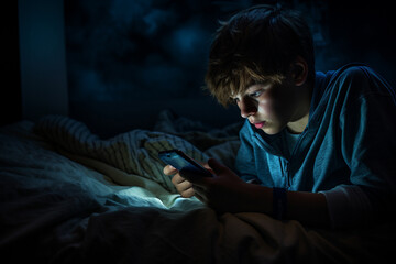 A male teeanger face under blue lights from mobile phone. A boy focuses on a smartphone in his hands while laying in bed with no lights on. Generative AI. - obrazy, fototapety, plakaty