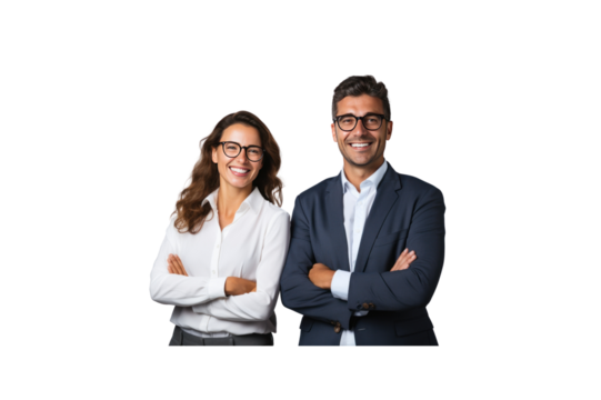 Business woman and man wearing glasses and formula standing with arms crossed and smiling looking at camera Isolated on transparent background