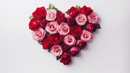 Red and pink roses in heart shape on white background, top view