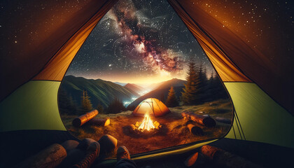 手つかずの自然を背景にしたキャンプシーン、テントの中から見える星空、焚火の光が周囲を照らし、冒険と自由を感じさせる壮大な景色