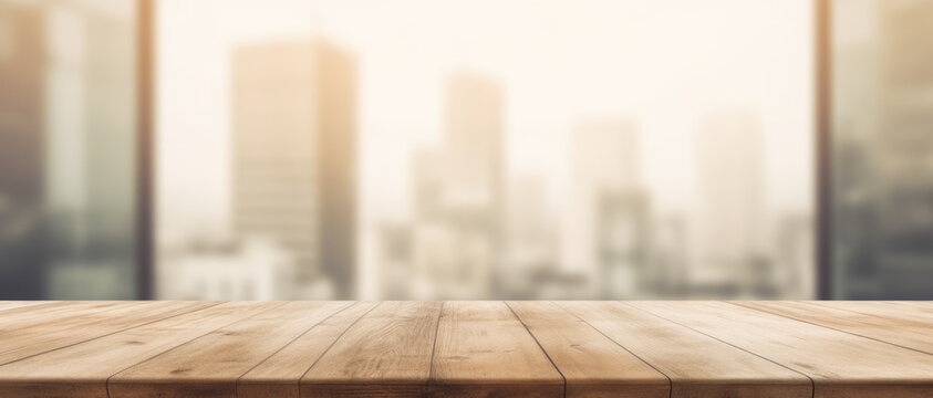 The empty wooden table top with blur background of an office and city. Exuberant image. generative ai