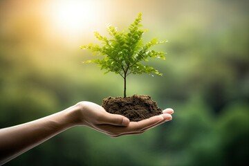 World environment day concept: Human hands holding big tree over blurred abstract beautiful green nature background