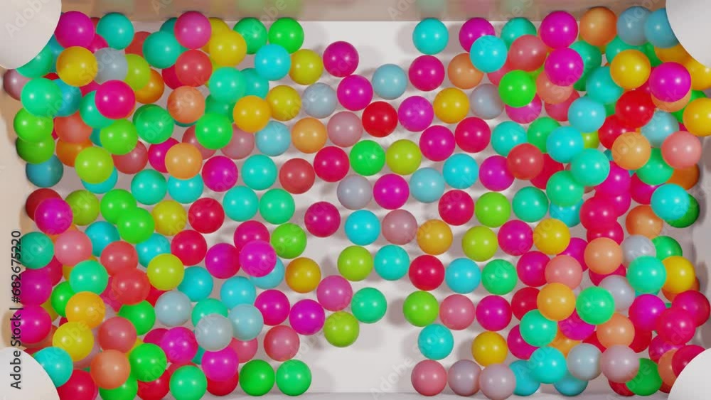 Poster multi-colored smooth balls are poured into a white box from four sides. 3d render
