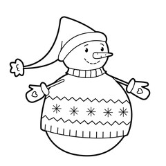 Cheerful snowman in  sweater. Black white outline illustration. Suitable for anti-stress and children's coloring books