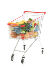 Shopping cart full of food isolated on white background