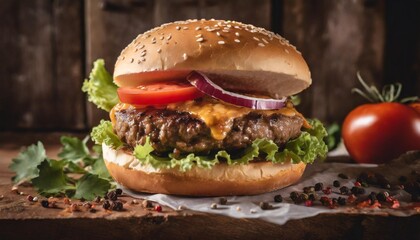 product shot of a juicy burger, artisan, rustic, food photography, delicious, close up shot. Generative AI