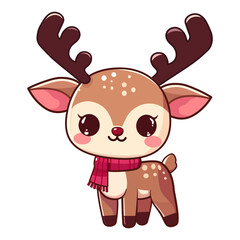 Cute Reindeer with horns red scarf. Christmas Cartoon vector illustration.