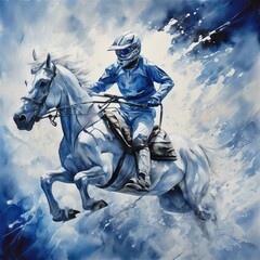 watercolor of extreme athlete riding a horse, blue and white contemporary art, intense, dynamic, stylized, detailed, high resolution
