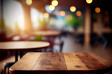 Empty wood table for product display in blur background of admirable restaurant at night generative ai