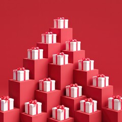 Outstanding White gift box standing one put on Red stage mock up. Christmas idea concept Celebration. 3D Rendering.  - 682676459
