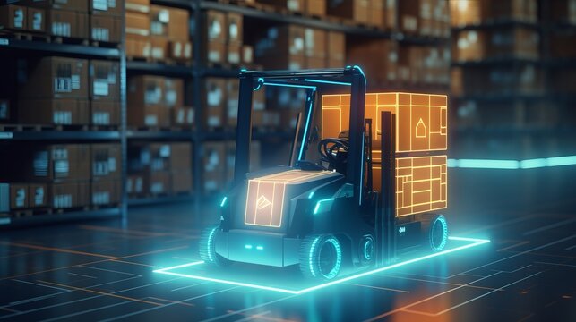 Futuristic Autonomous forklift in a huge warehouse or storage hall of a logistics company filled with cardboard boxes. Sensors Scanning Surrounding, Special effects of self-driving, digitizing data