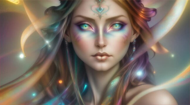 虹色の発光とオーラを纏う美女｜A beautiful woman with rainbow-colored luminescence and aura Generative AI