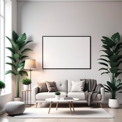 empty white living room with a sofa and plants on a white background