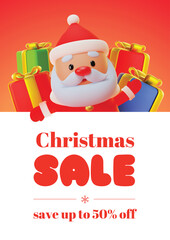 Christmas sale banner with a cartoon Santa Claus. Winter illustration of colorful gift boxes and funny Santa Claus with a big white signboard on a red background. Vector 10 EPS.