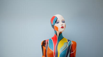 Isolated naked female mannequin with multicolored pattern to accentuate curves - minimalist studio background, feminine concept of health and body positivity. 