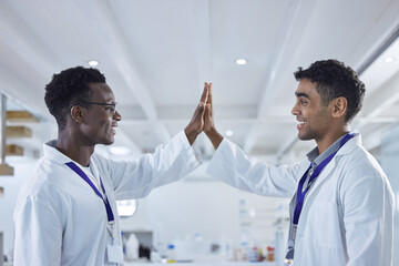 Science, high five and men in laboratory for congratulations, deal or success with results. Teamwork, medical research and celebration, scientist partnership in collaboration or cheers for doctors.