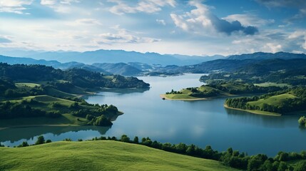 a lake surrounded by green hills - Powered by Adobe