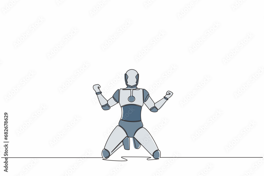 Aufkleber continuous one line drawing of happy robot kneeling with both hands yes gesture, celebrating success