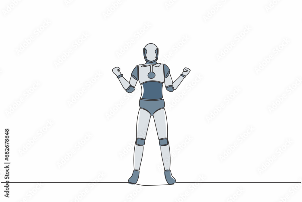 Poster continuous one line drawing of happy robot standing with both hands yes gesture. humanoid cybernetic