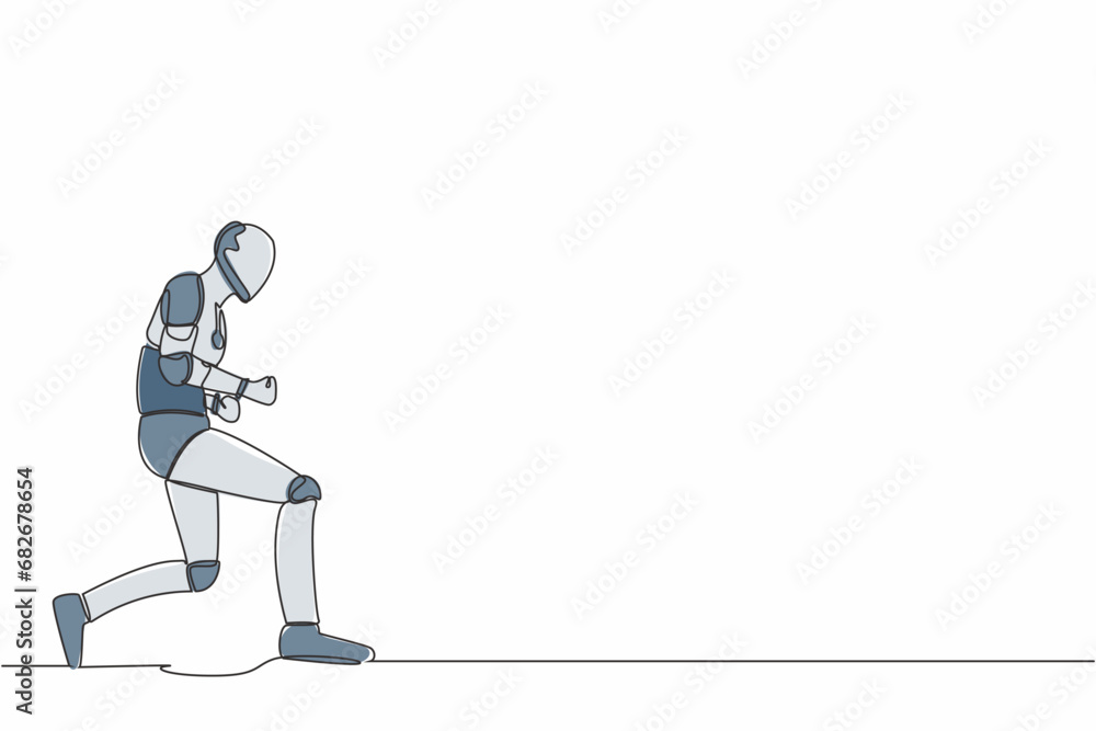 Poster single one line drawing of happy robot bow with yes gesture. successful victory achievement. artific
