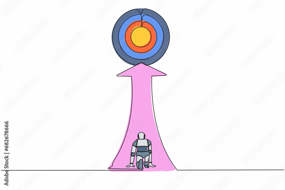 Poster single one line drawing robot ready to run to trophy at end of route. future technology development.