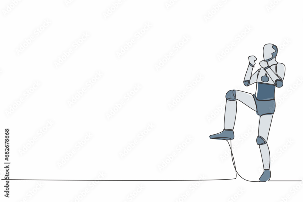 Poster continuous one line drawing happy robot standing with raised one leg and doing yes gesture. humanoid