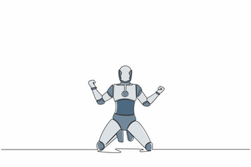 Continuous one line drawing of happy robot kneeling with both hands yes gesture, celebrating success. Humanoid cybernetic organism. Future robotic. Single line draw graphic design vector illustration