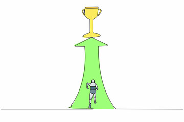 Continuous one line drawing of robot running and reach for trophy. Ability to win concept. Humanoid cybernetic organism. Future robotic development. Single line draw design vector graphic illustration